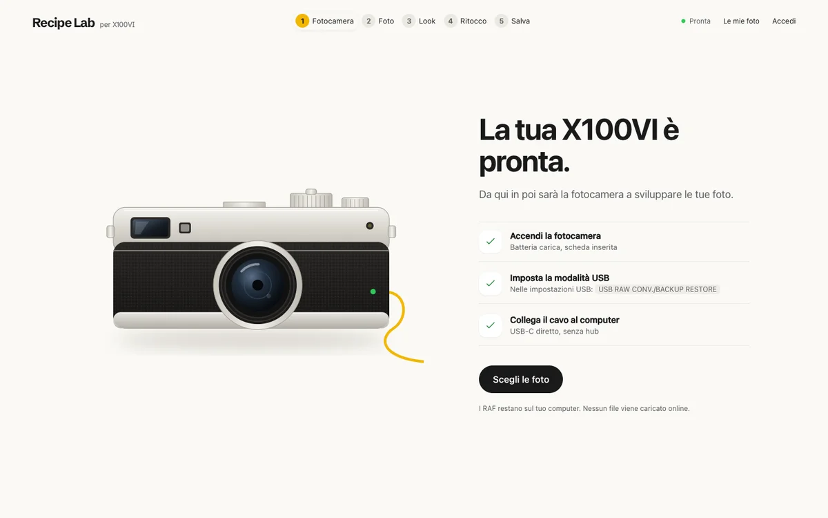 Schermata Fotocamera di Recipe Lab con la X100VI stilizzata